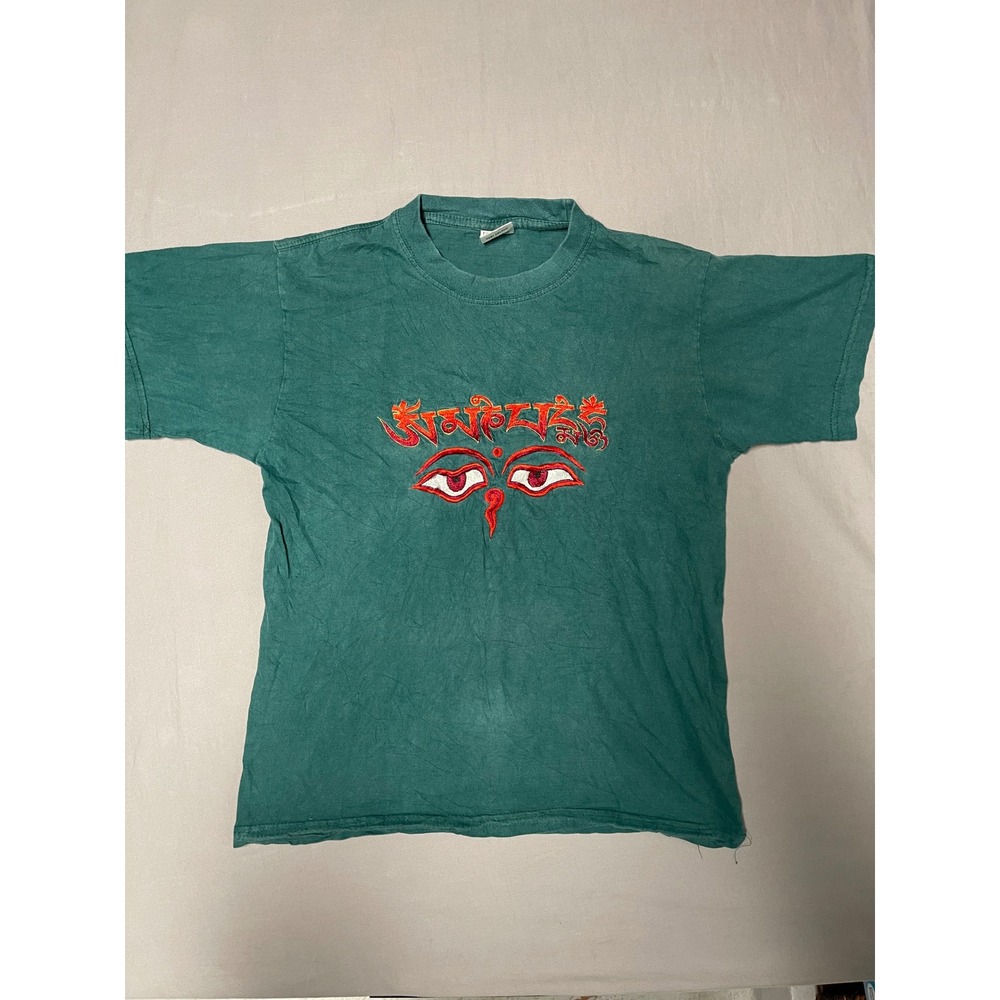Shangri-La Nepal Buddha Eyes Embroidered Cotton T-Shirt Teal Green Mens Small